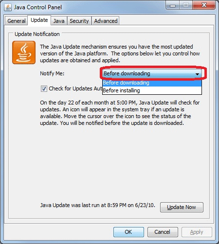 Windows 7 Java Control, Update Tab Settings